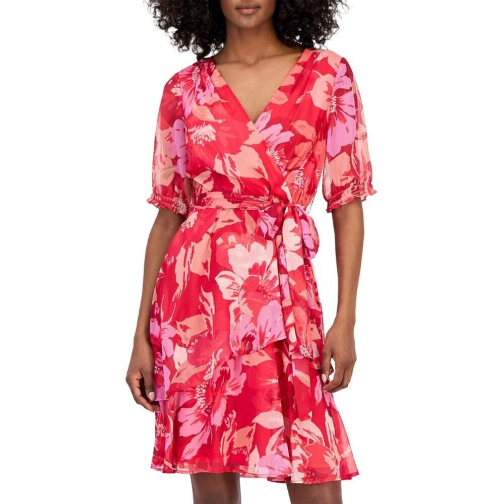 Tahari ASL Womens Printed Faux-Wrap Chiffon Dress 2 Raspberry Floral - NWT $129
